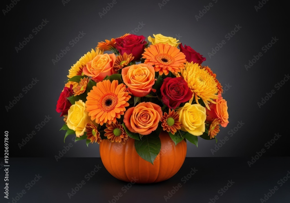 Fototapeta premium Vibrant seasonal centerpiece featuring orange, red, and yellow roses, gerberas, and chrysanthemums overflowing from a bright pumpkin vase, rustic, yellow, seasonal