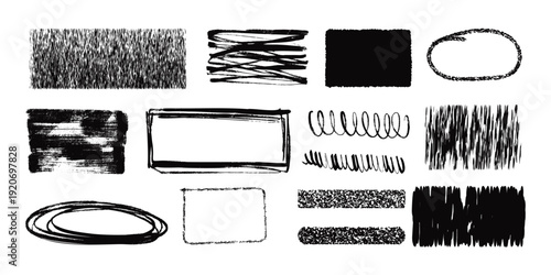 Hand drawn text box picture frames set, rough grunge textured straight line. Vector ink illustration. Grunge crayon outline text boxes for notes. Hand drawn texture doodle shapes.