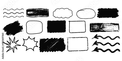 Hand drawn text box picture frames set, rough grunge textured straight line. Vector ink illustration. Grunge crayon outline text boxes for notes. Hand drawn texture doodle shapes.