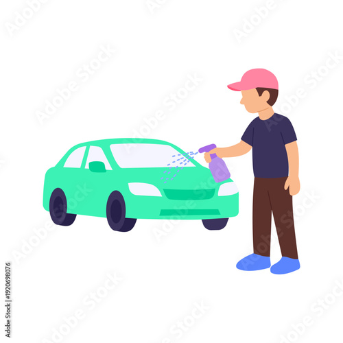 Water Spray on Hood, spraying water across car bonnet, Flat vector character illustration