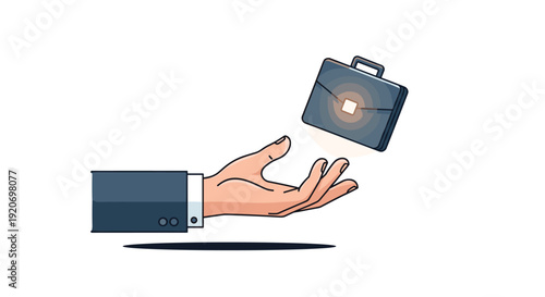 A well-dressed hand with a sharp suit cuff presents a dark grey briefcase floating above its open palm.