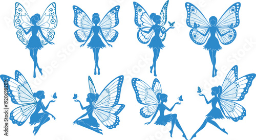 Set of eight beautiful blue fairy silhouettes with intricate butterfly wings isolated on a white background for design,