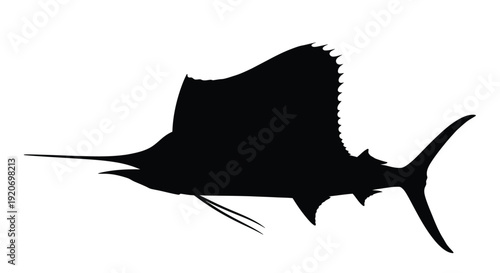 A striking black silhouette of a sailfish gracefully swimming silhouette