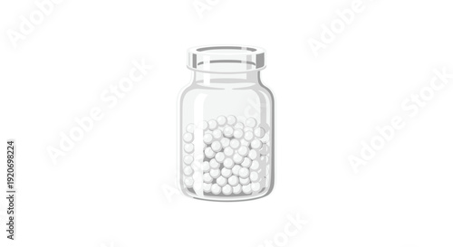 A small transparent glass bottle is neatly filled with numerous tiny white round pellets against a plain white background.