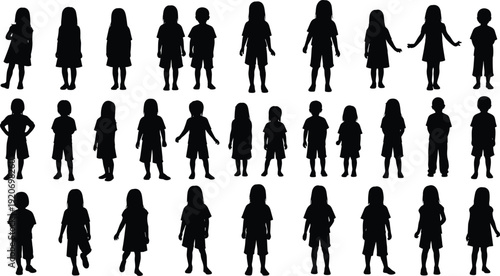 Vector silhouettes of children in various standing and walking poses isolated on white background, black character set of boys and girls for education and childhood design