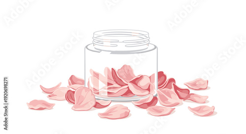 A transparent empty glass jar stands upright amidst a scattered arrangement of soft pink rose petals on a white surface.