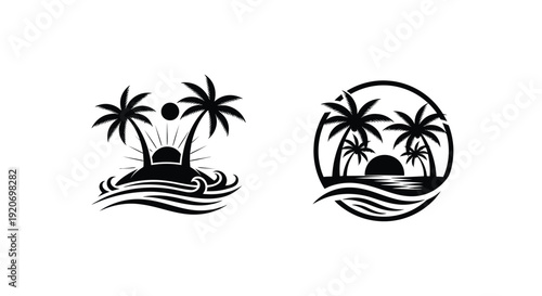 Tropical island scenes with palm trees and a sunset silhouette