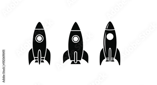Three black rocket ship icons in a row minimalist silhouette