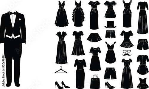 Vector silhouettes of men's formal tuxedo and various women's fashion dresses isolated on white background, black clothing and accessory collection for retail and event design