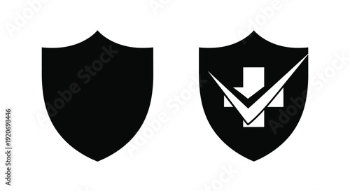 Two shield icons one solid and one with details silhouette