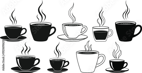 Vector silhouettes of hot coffee and tea cups with steam set isolated on white background, beverage icons for cafe and restaurant menu design projects