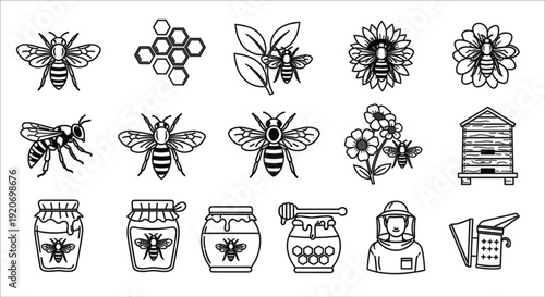 Collection of fifteen linear icons featuring honey bees, beehives, honey pots, and beekeeping equipment for natural design projects.