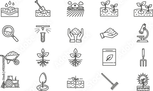 Comprehensive Set of Thin Line Icons Representing Sustainable Modern Farming, Agriculture Technology, Soil Health, and Organic Plant Growth