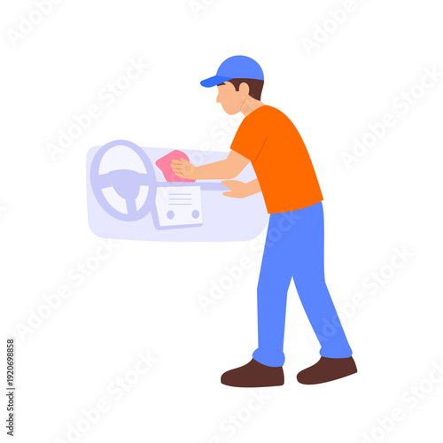 Dashboard Wiping, cleaning and polishing dashboard area, Flat vector character illustration