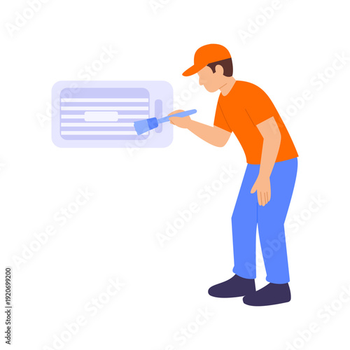 Air Vent Cleaning, clearing dust from ventilation slots, Flat vector character illustration