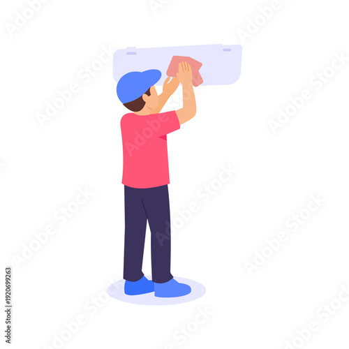 Sun Visor Wiping, cleaning interior sun shade panel, Flat vector character illustration
