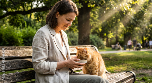Woman Feeding an Orange Cat While Sitting on a Park Bench