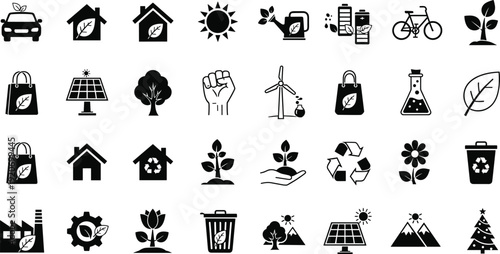 Vector icons set of environmental sustainability and green energy symbols isolated on white background, eco friendly elements for renewable nature and ecology design projects