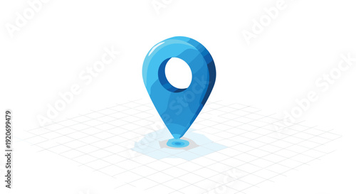 A vibrant blue three-dimensional location pin icon stands vertically on a subtle transparent grid map against a white background.