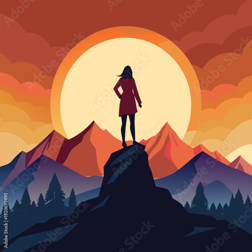 Majestic silhouette of a woman atop a mountain at sunset, embodying accomplishment, resilience, and the beauty of nature's grandeur.