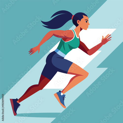 Energetic flat vector illustration of a female sprinter bursting from the starting blocks, embodying power, speed, and the thrill of the race.