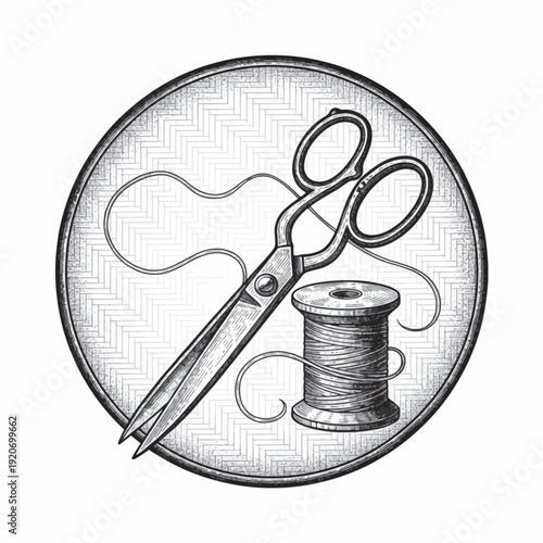 Sewing tools badge laser engraving design, vintage woodcut engraving vector illustration, detailed hand drawn ink line art scissors and thread spool in circular emblem for CNC etching