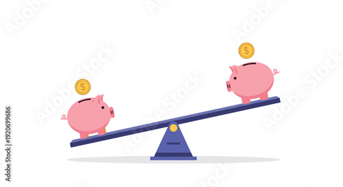 Two piggy banks with gold coins are on an unbalanced seesaw.