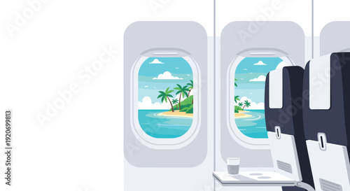 The interior of an airplane cabin shows tropical island views through two passenger windows.