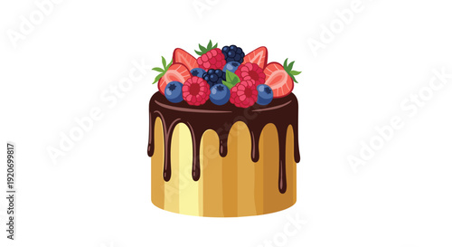 A round golden cake with chocolate drips is generously topped with fresh berries.