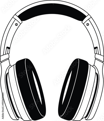 Stylized Illustration of Over‑Ear Headphones with Cushioned Headband, Large Ear Cups and Hinges, Audio Equipment Artwork for Music, Sound and Technology Design