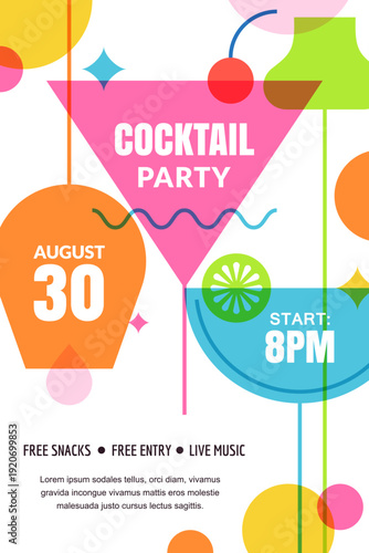 Poster banner background for nightlife event, cocktail party. Flat geometric vector illustration for bar flyer promotion