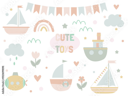 A set of cute children's toys in a simple style with boats, clouds, k