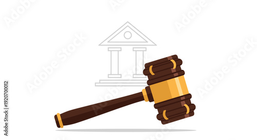 A wooden judge's gavel with gold accents is positioned in front of a faint courthouse outline.