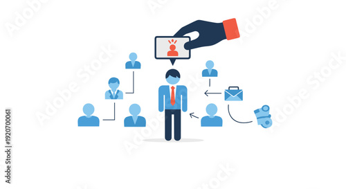 A central male figure connected to other human icons and business elements in a hierarchical network on a white background.