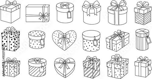 Vector line art of various gift boxes and presents isolated on white background, black and white outline icons for birthday, holiday, and celebration design projects