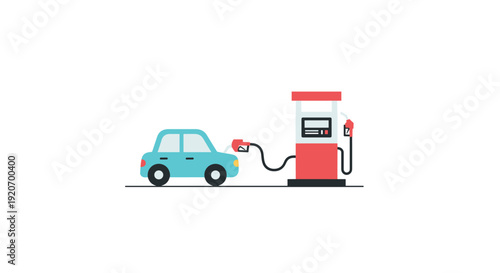 A light blue car is refueled at a red and white gas station pump on a white background.