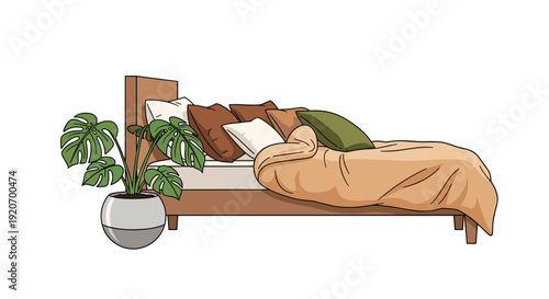 A cozy bedroom features a wooden bed with several pillows, a warm blanket, and a large potted monstera plant.