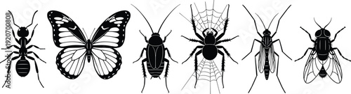 Vector silhouettes of various insects and pests isolated on white background, black bug collection set for nature and pest control design projects