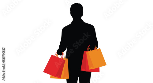 Silhouette of a man walking and carrying multiple shopping bags in his hands.