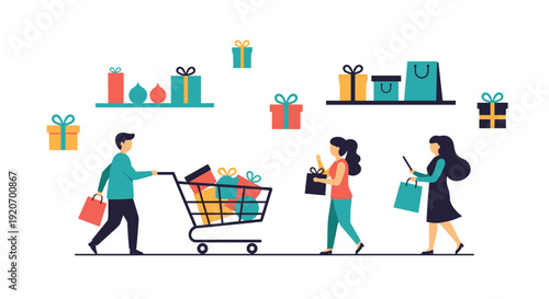 People shopping in a store, pushing carts, and carrying gifts around shelves.