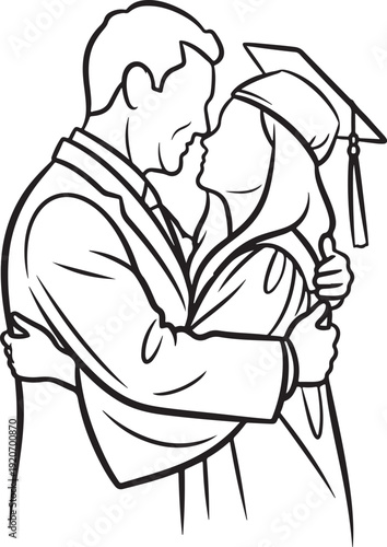 Couple embracing tenderly in graduation attire, a moment of shared joy and love celebrating future together, line drawing