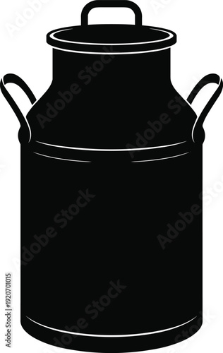 Silhouette of vintage milk can with lid and handles, classic dairy container, farm equipment, isolated black and white image, rustic design