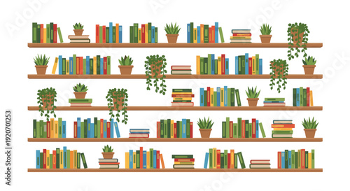 Many wooden shelves are densely packed with various colorful books and numerous potted green plants.