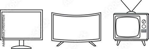 Three line of televisions from vintage to modern flat screen line television black and white