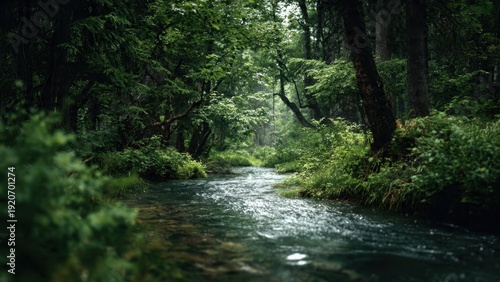 Tranquil river flows through green forest
