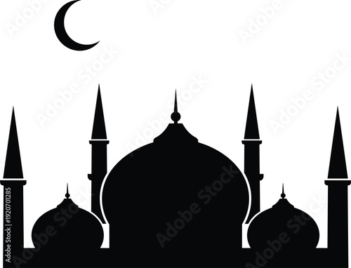Vector silhouette of a grand mosque with domes and minarets under a crescent moon isolated on white background, Islamic religious architecture design for Ramadan