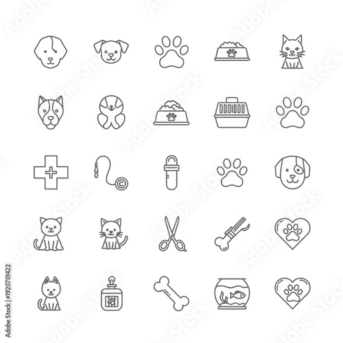 Black and white line icons of pets and pet care
