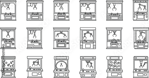 Food and Production Industry Line Art Icon Set, Flat Vector Illustration, Representing Manufacturing, Processing, Packaging, Supply Chain, Factory, and Logistics.