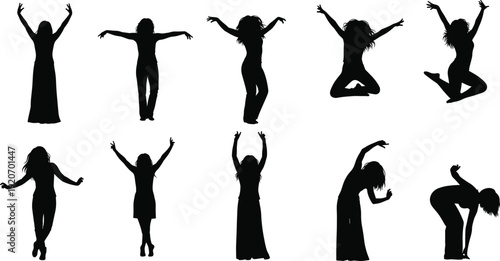 Silhouette of woman in long dress dancing and jumping with joyful expressive poses, elegant female figure celebrating freedom, happiness, movement, and energy concept