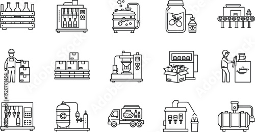 Food and Production Industry Line Art Icon Set, Flat Vector Illustration, Representing Manufacturing, Processing, Packaging, Supply Chain, Factory, and Logistics.